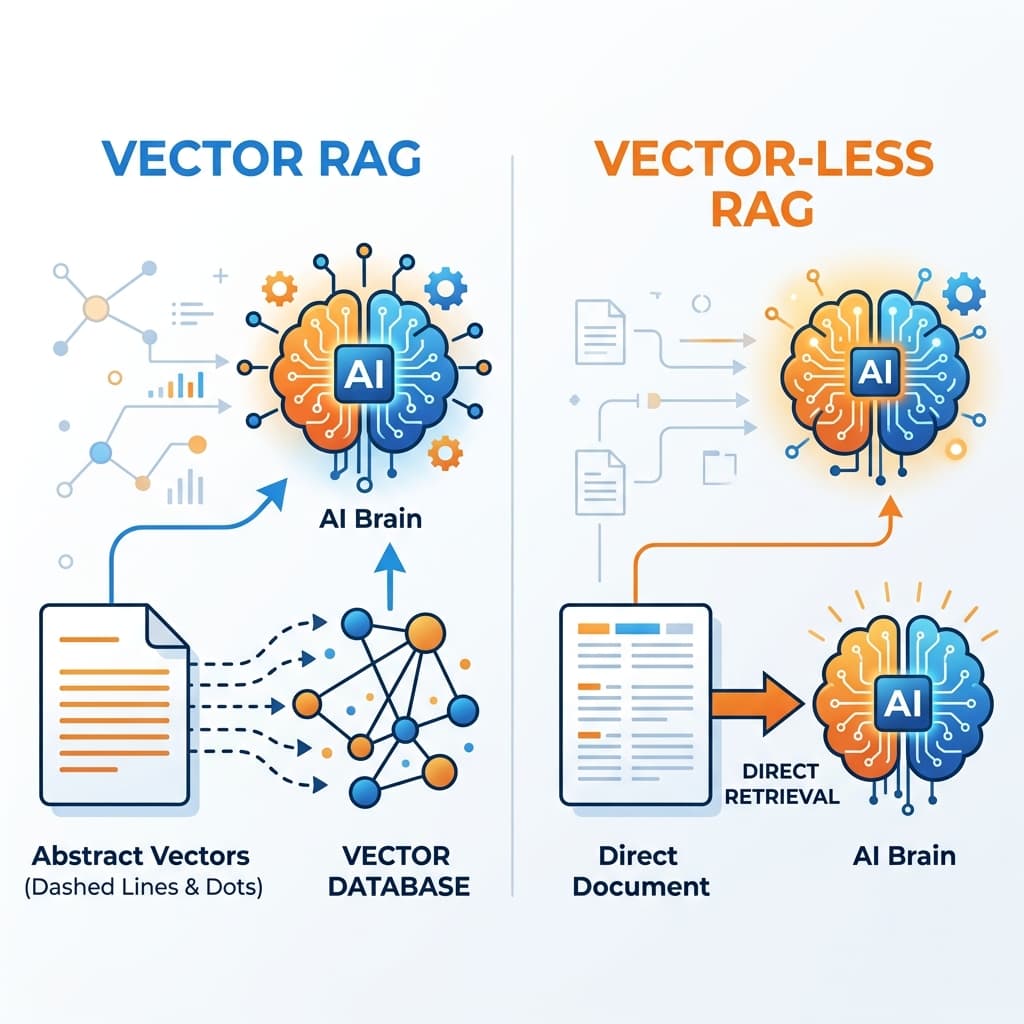 Vector vs Vector-less RAG comparison showing abstract dots vs clean text document
